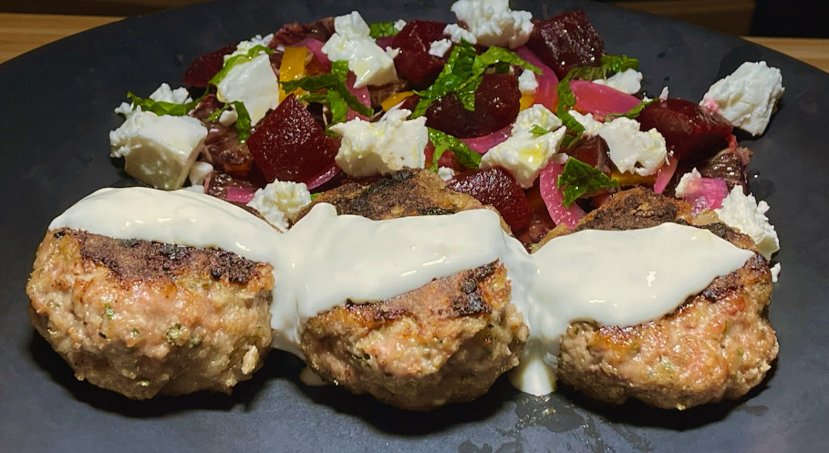 Sep 5: Lamb Rissoles with Lemon-yoghurt Sauce and a Blood orange, Pickled Beet, Pickled Red Onion, Feta Mint Salad