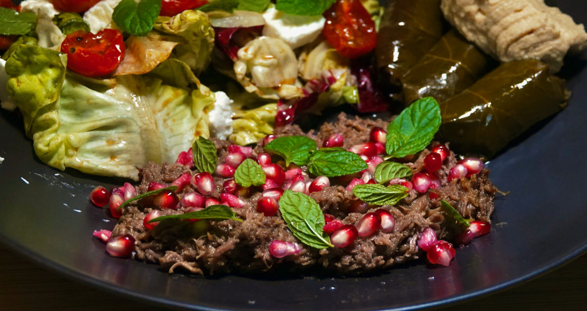 Oct 3: Warm Shredded Lamb Salad with Pomegranate, Dolmas with Caramelized Onion Hummus and a Lettuce, Tomato, Feta and Preserved Lemon Salad