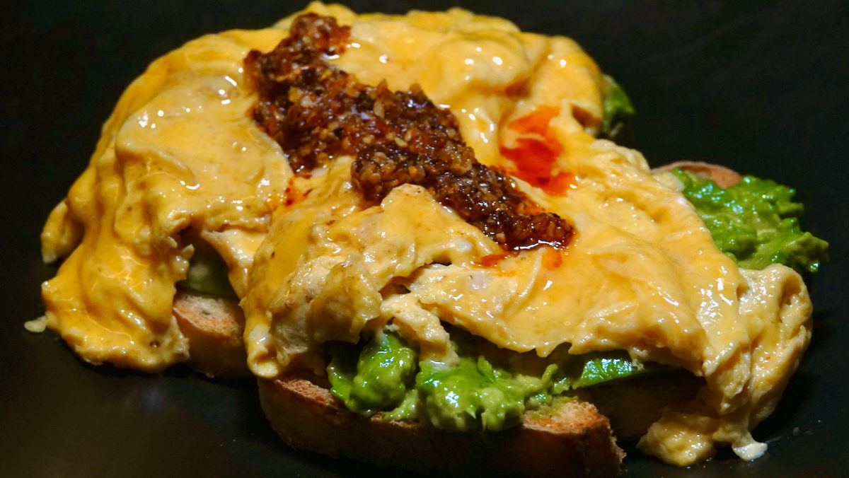 Oct 4: Folded Eggs on Avocado Toast with Chili Onion Crisp