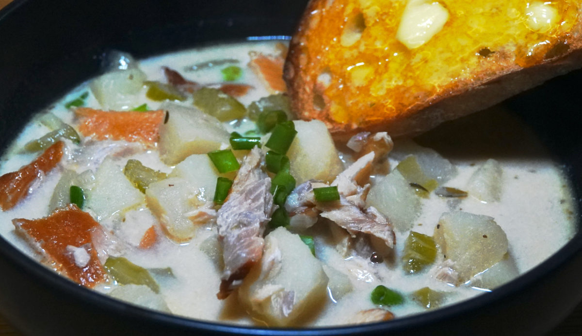 Oct 8: Smoked Trout Chowder with Toasted and Buttered Italian Bread