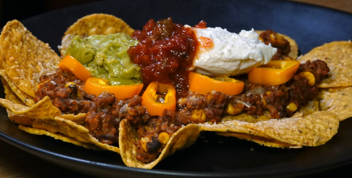 Oct 18: Tex-Mex Soyrizo and Bean Nachos with Sour Cream, Guacamole, Salsa and Baby Bell Peppers