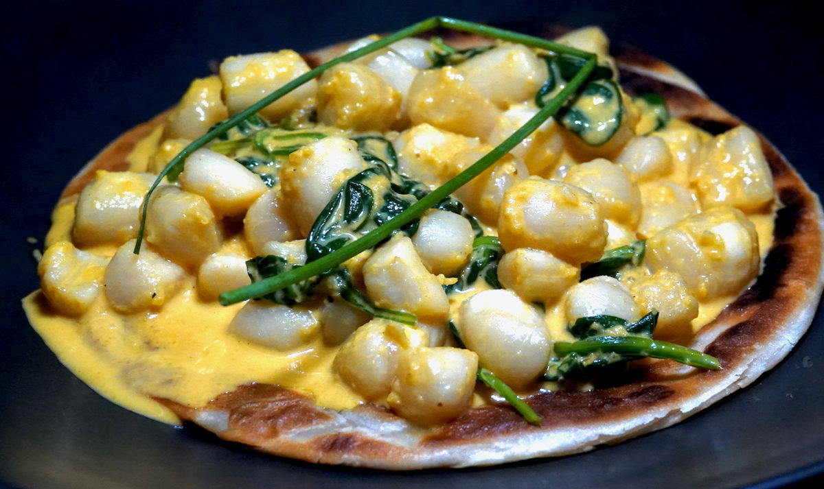 Nov 7: Curried Scallops with Spinach on Paratha