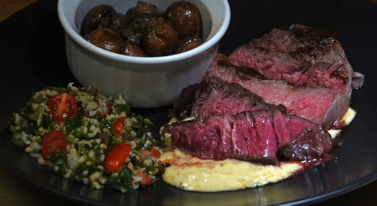 Dec 8: Sous Vide Bone-in Rib Eye, with Béarnaise Sauce, Garlic Butter Roasted Mushrooms and Tabouli