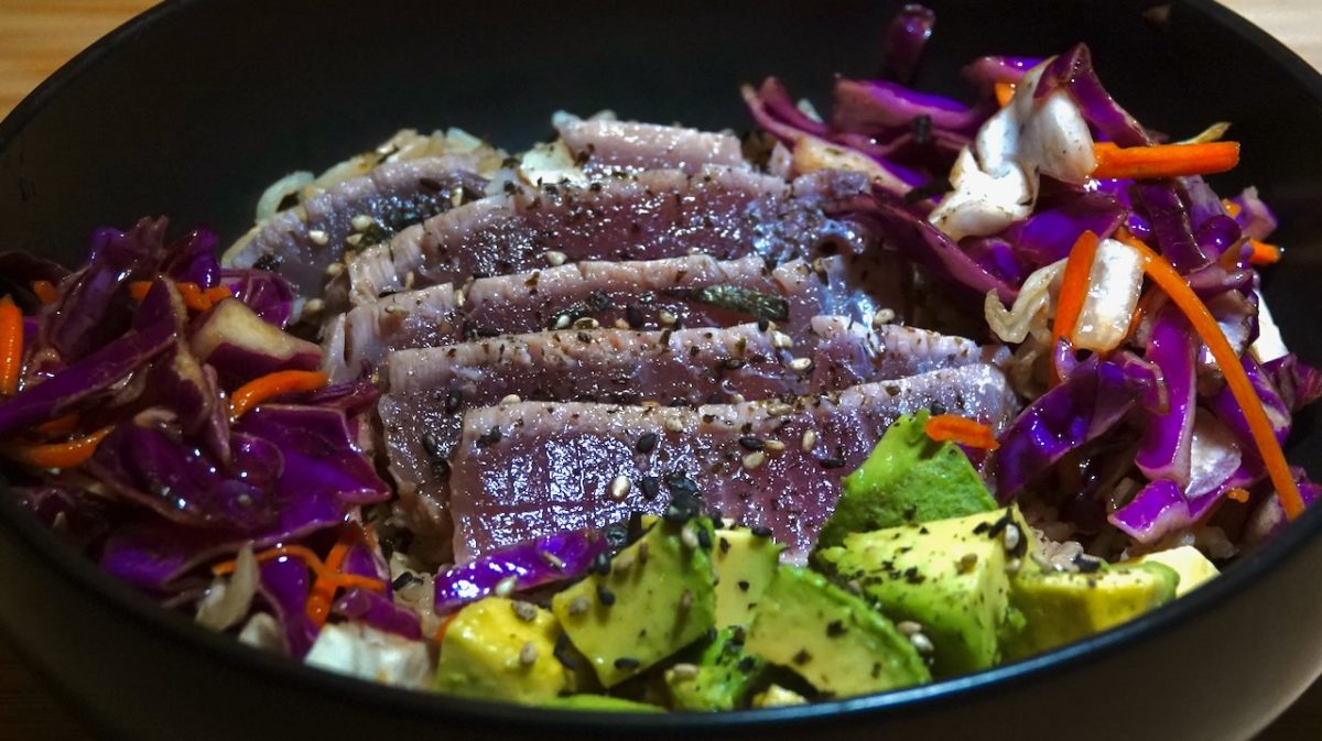 Dec 10: Seared Tuna Tataki Rice Bowl with Avocado and Asian Slaw