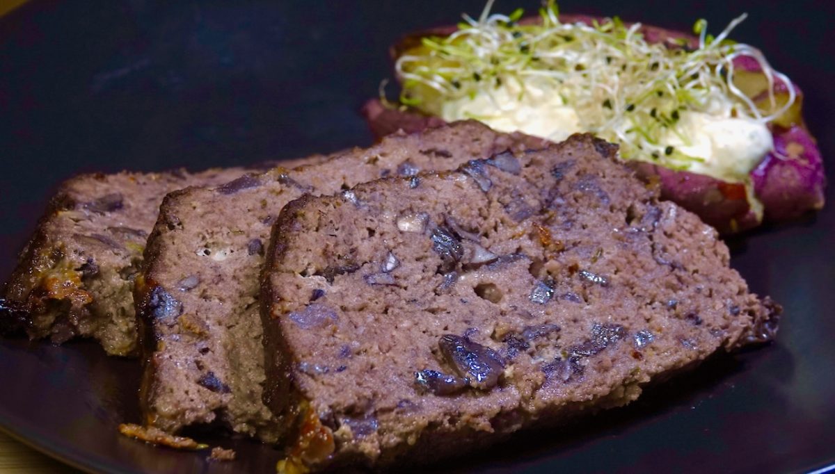 Dec 18: Red Wine and Mushroom Meatloaf with Japanese Sweet Potato topped with Sour Cream
