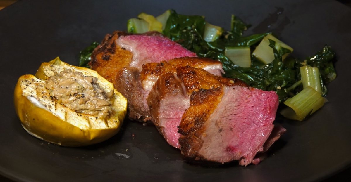 Dec 4: Sous Vide and Seared Duck Breast with a Baked Apple Stuffed with Duck Mousse Paté and Garlic Chard