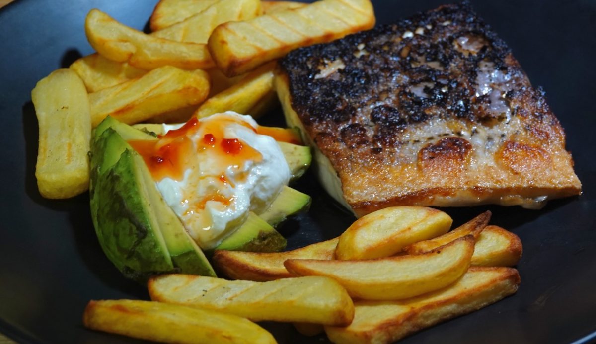 Dec 17: Striped Bass with Avocado, Sour Cream and Oven Fries