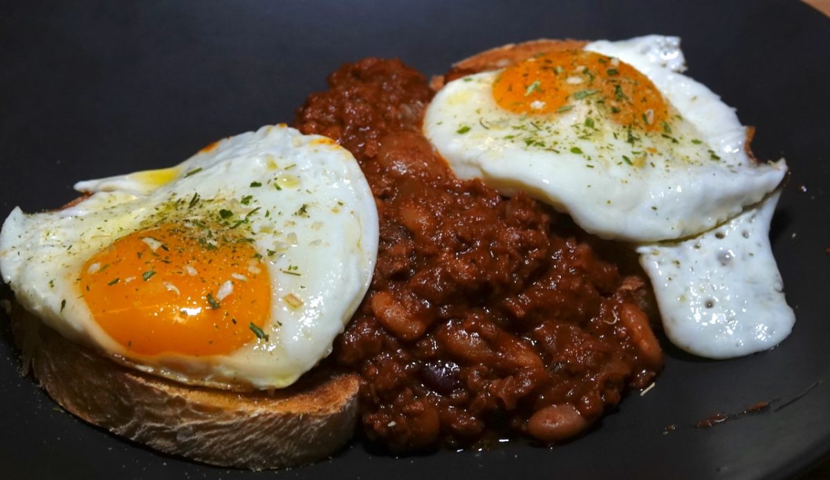 Jan 3: 13 Bean Chili on Toasted Italian Bread and Topped with Fried Eggs