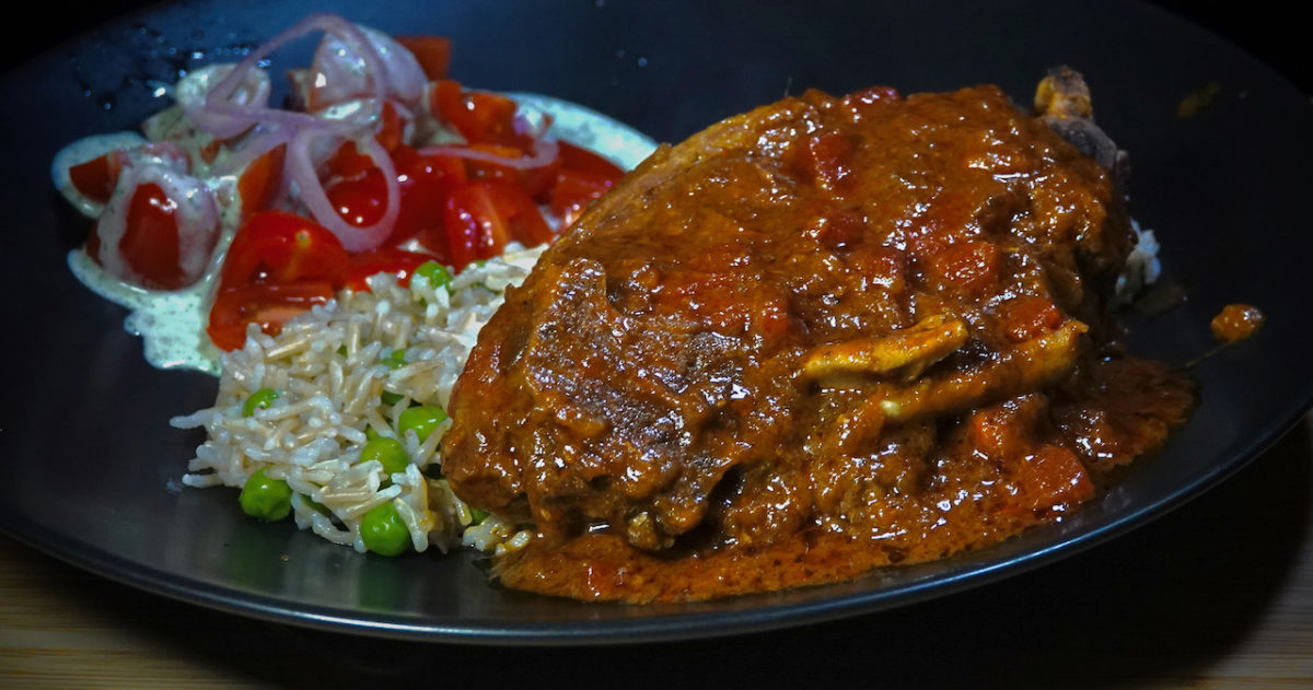 Jan 13: Lamb Chops Braised in Kashmiri Sauce with Brown Rice and Peas and a Tomato Salad with Mint Dressing