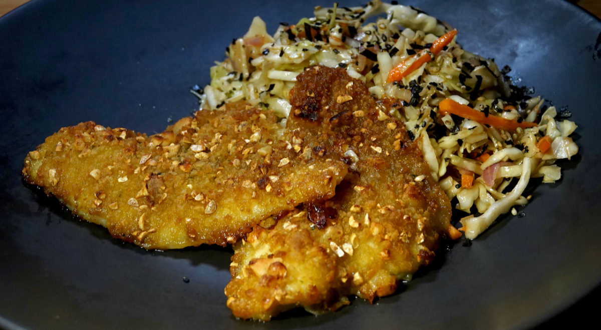 Jan 14: Macadamia Nut Crusted Flounder with Japanese Coleslaw