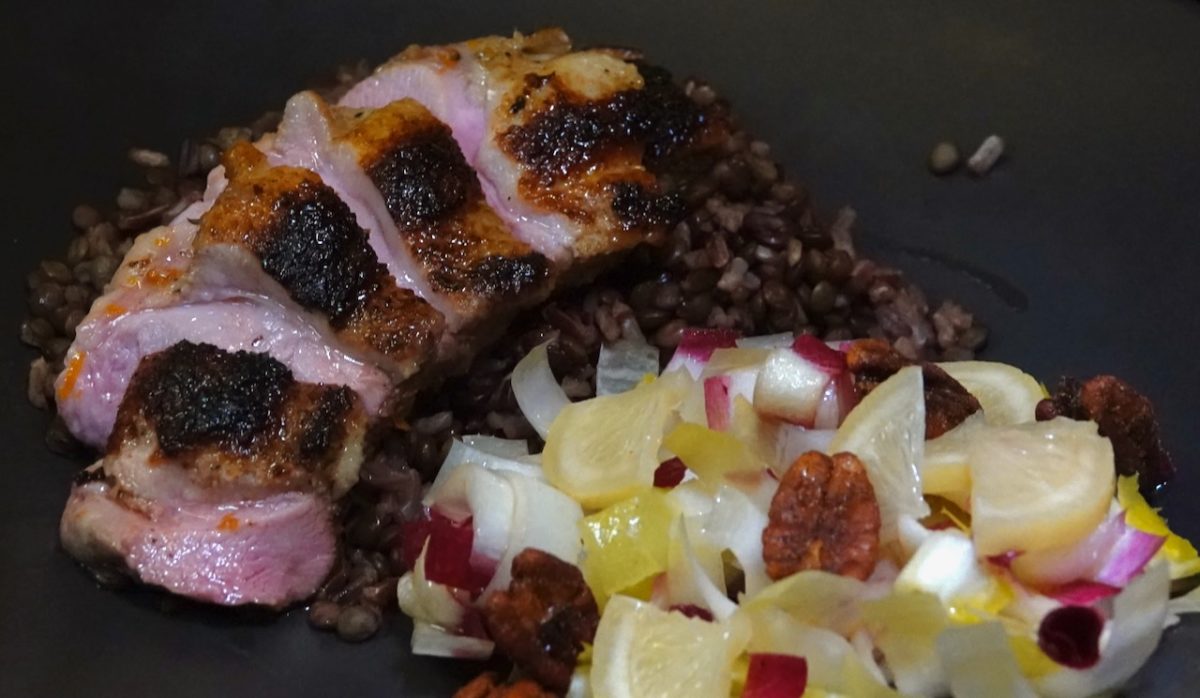 Jan 1: Sous Vide Duck Breast á l’orange with French Lentils and Wild Rice and an Endive Salad