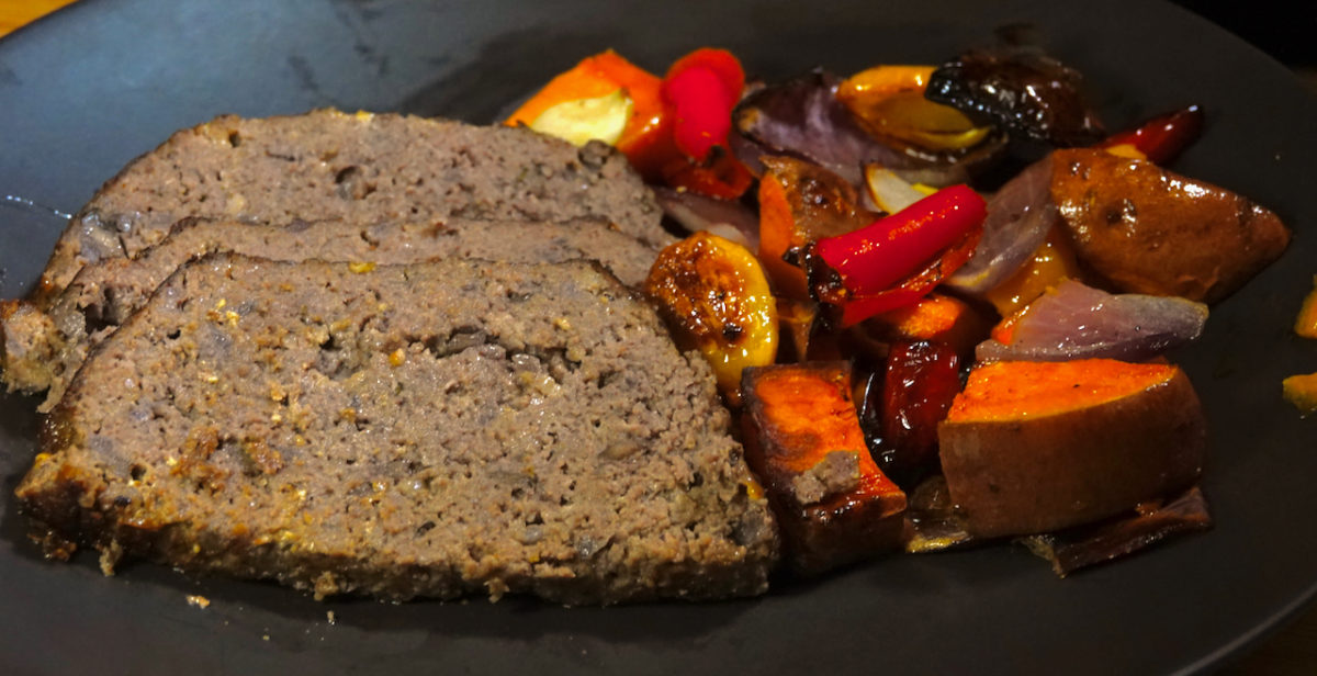 Feb 8: Red Wine and Mushroom Meatloaf with Sweet Potato Tray Bake