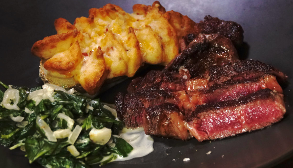 Feb 3: Rib Eye Steak with Double Stuffed Baked Potato and Creamed Spinach