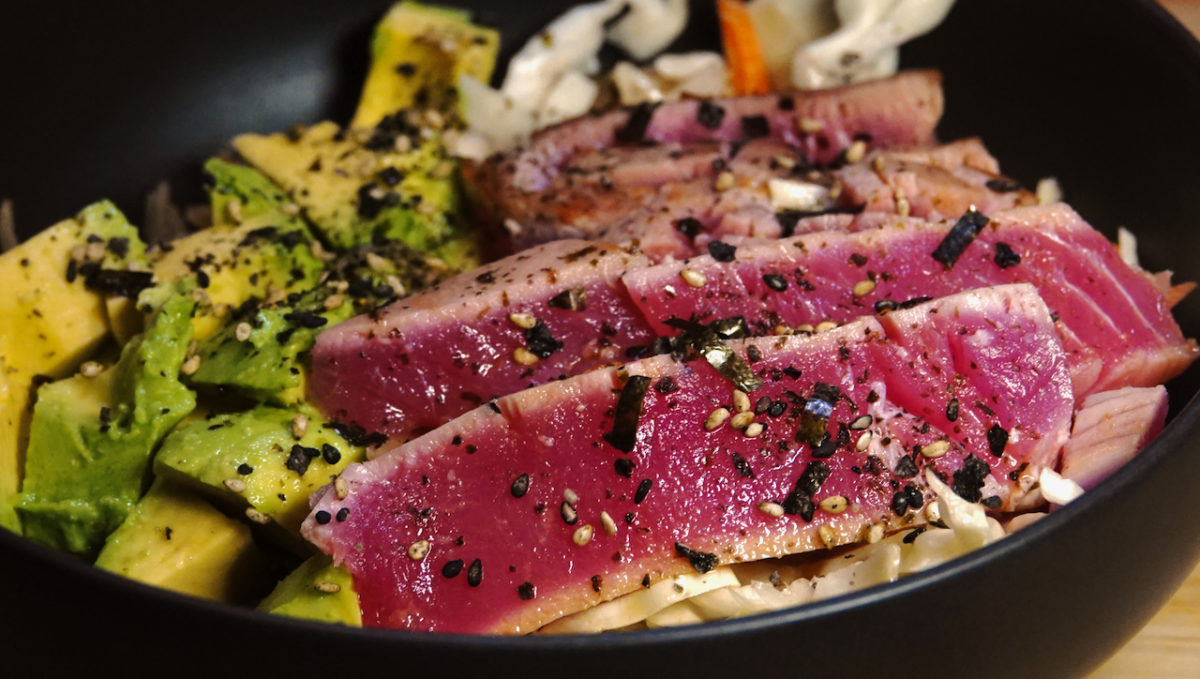 Jan 30: Tuna Tataki with Brown Rice/Coleslaw Mix and topped with Avocado and Pickled Ginger