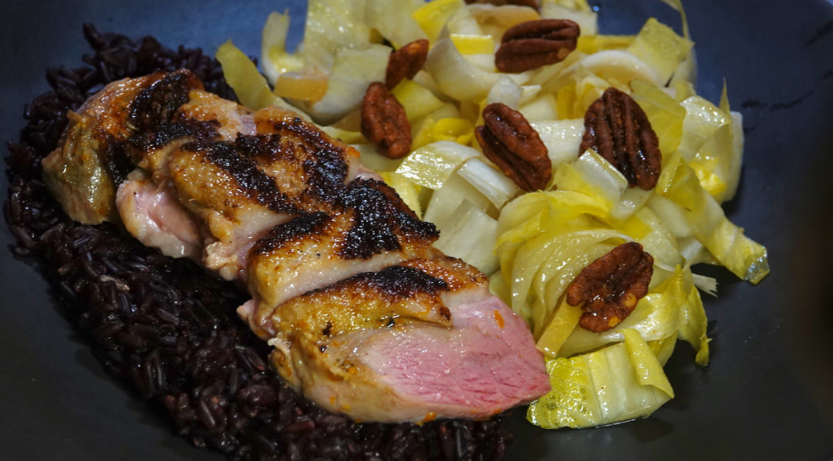 Feb 26: Sous Vide and Seared Duck Breast on Black Rice with Endive Salad