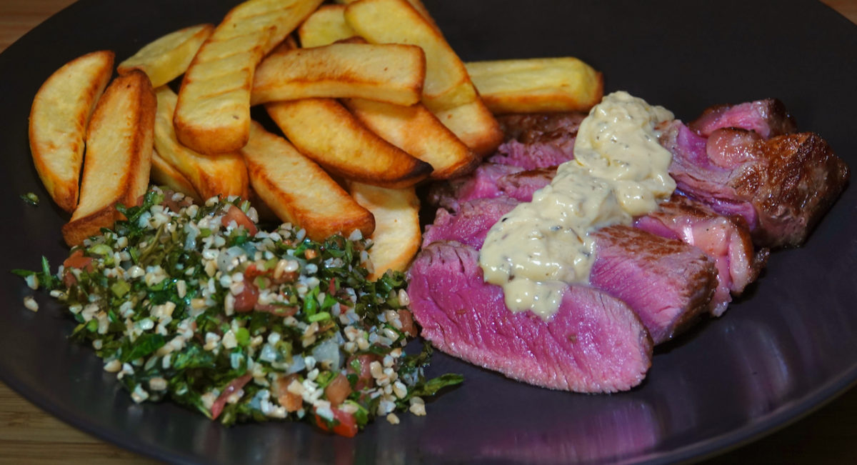 Mar 3: NY Strip Steak with Béarnaise Sauce, Tabouli and Steak Fries