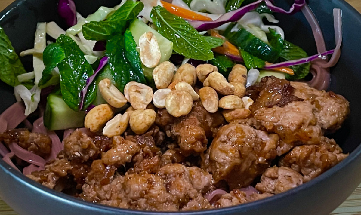 Apr 21: Caramelized Pork Bowl with Asian Slaw and Red Rice Noodles