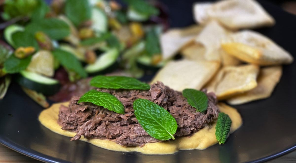 Apr 10: Warm Shredded Lamb on Garlic Hummus, with Pita Chips, and a Lettuce, Cucumber, Preserved Lemon and Mint Salad