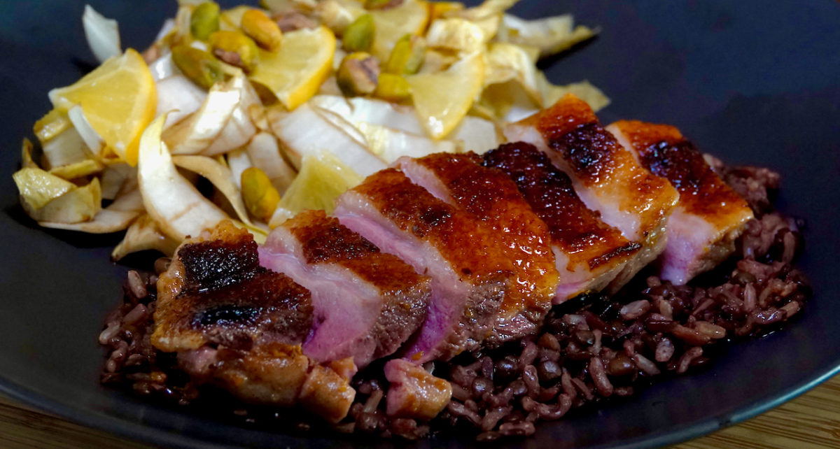 May 21: Sous Vide and Seared Duck l’Orange on Wild Rice Mix with Endive and Lemon Salad