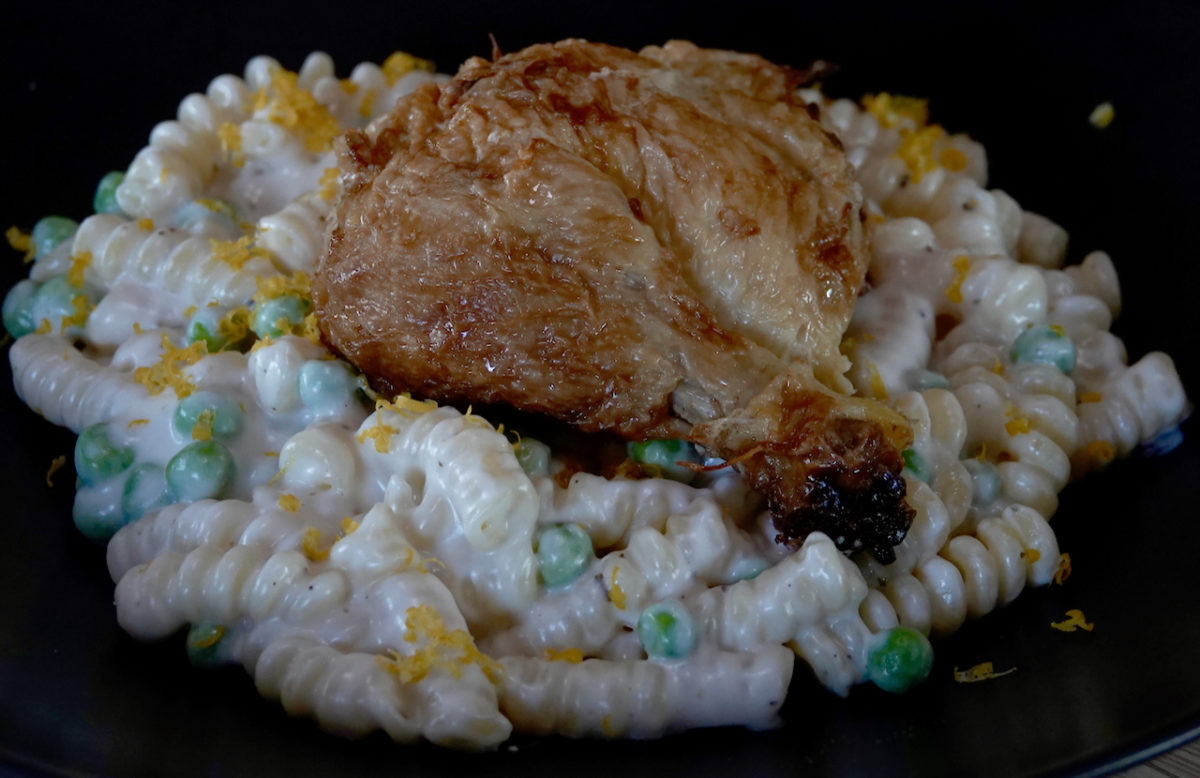 May 15: Roast Chicken Leg on Spiral Pasta with Lemon Alfredo Sauce