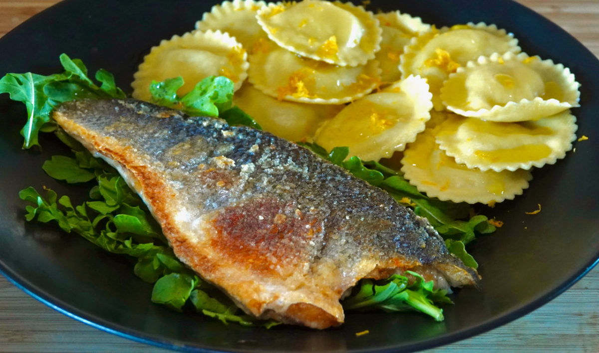 Jun 24: Branzino on a bed of Arugula with Ricotta and Lemon Zest Ravioli