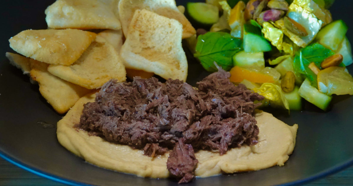 Jun 23: Warm Shredded Lamb Salad with Pita and a Lettuce, Cucumber, Preserved Lemon, Pistachio and Mint Salad