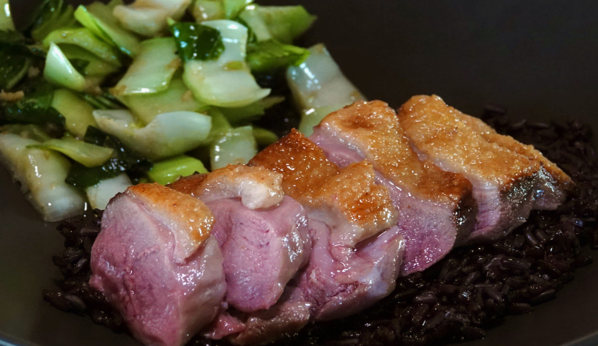 Jun 25: Sous Vide and Seared Duck Breast on Black Rice with Garlic Bok Choy