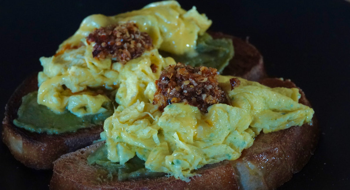 Jul 26: Folded Eggs on Avocado Toast topped with Chili Onion Crisp
