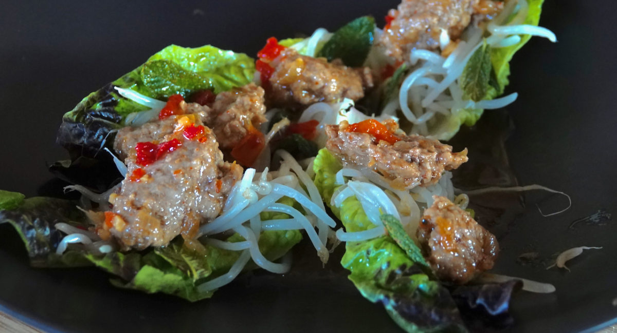 Jul 17: Lettuce Wraps with Caramelized Ginger Pork, Bean Sprouts and Mint