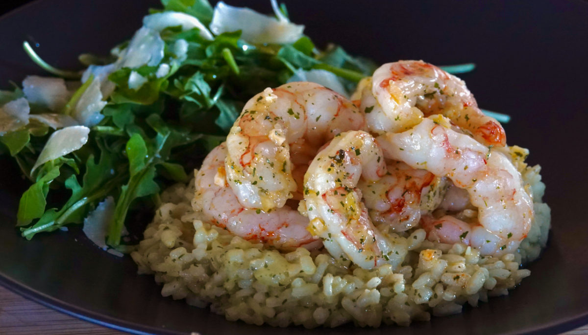 Jul 14: Sous Vide Poached Shrimp on Parmesan Risotto with Arugula and Parmesan Salad