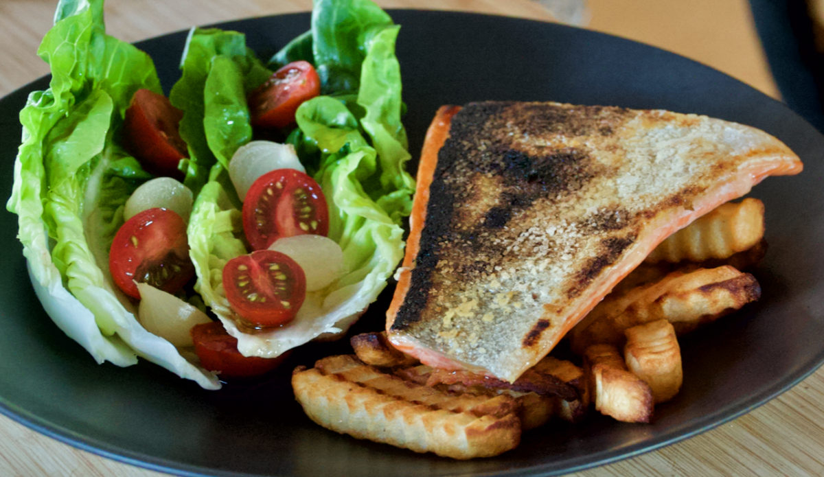 Aug 26: Pan Fried Steelhead Trout, Chips and a Salad of Lettuce, Tomato and Pickled Onion