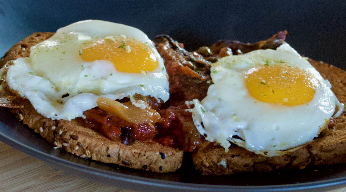 Aug 29: Caponata on Toast topped with Fried Eggs