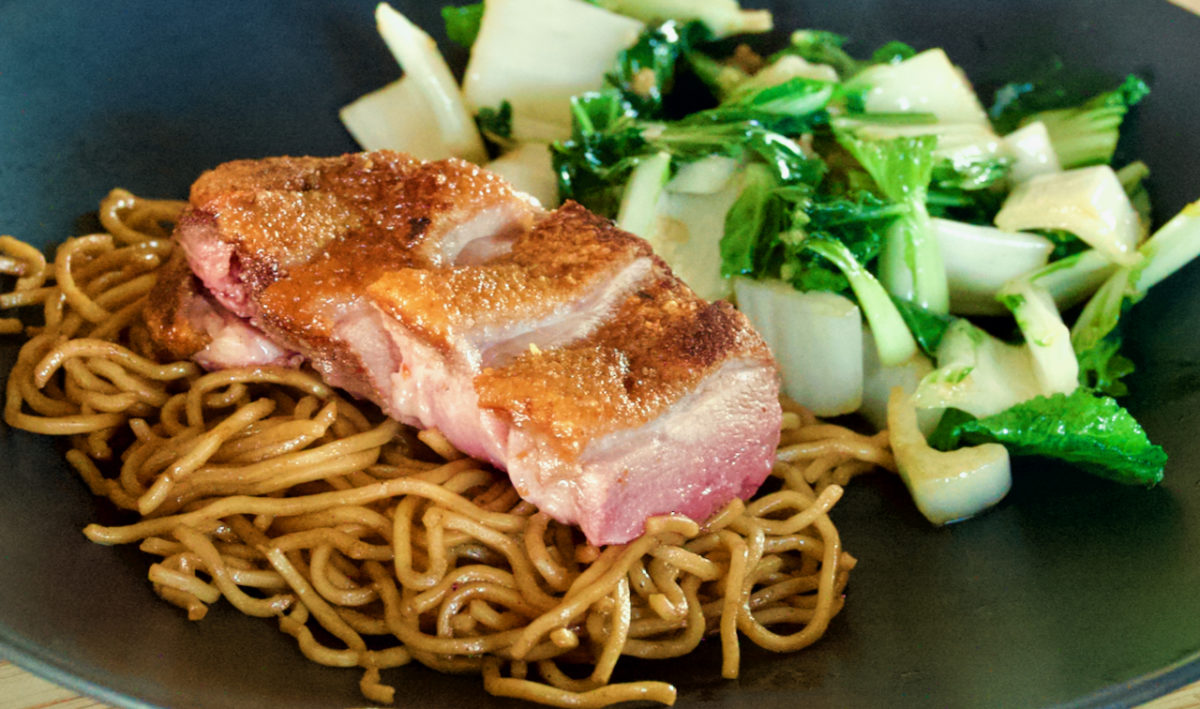 Aug 27: Sous Vide Duck Breast on Yakisoba Noodles, with Sautéed Bok Choy with Garlic