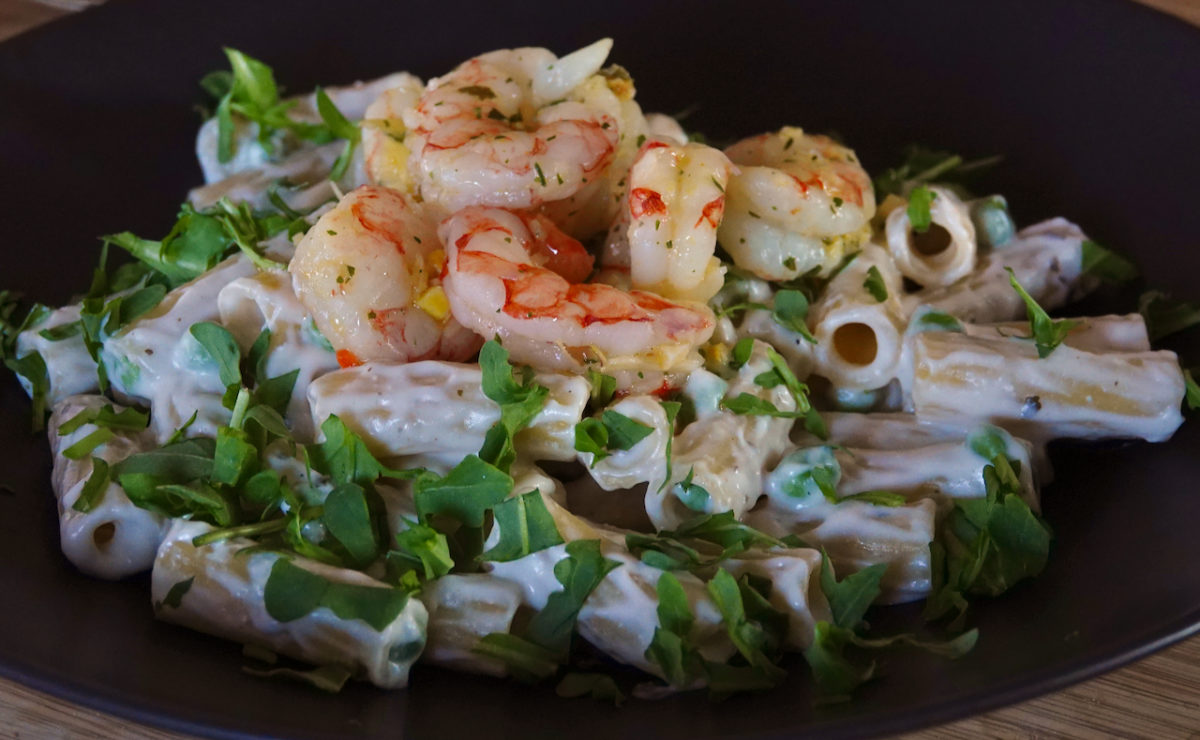 Aug 2: Poached Shrimp on Lemon and Pea Alfredo Rigatoni