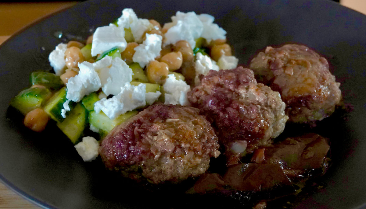 Jul 31: Soutzoukakia with a Greek Chickpea, Cucumber and Feta Salad