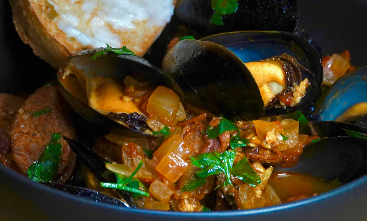 Aug 20: Spanish Mussels with Chorizo and Tomato-Wine Sauce and Garlic Toast