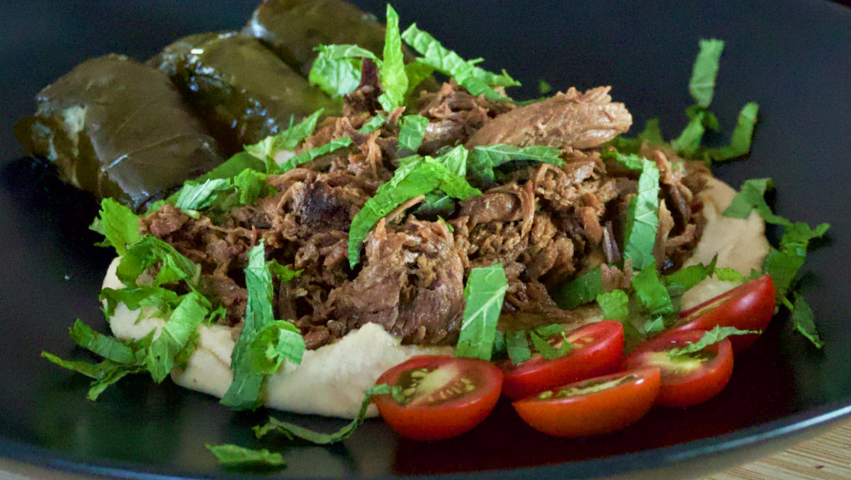 Aug 17: Warm Shredded Lamb on Hummus with Dolmas and Cherry Tomatoes