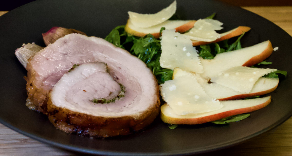 Sep 19: Pork Belly Porchetta with Roast Shallots and an Arugula, Pear and Shaved Parmesan Salad