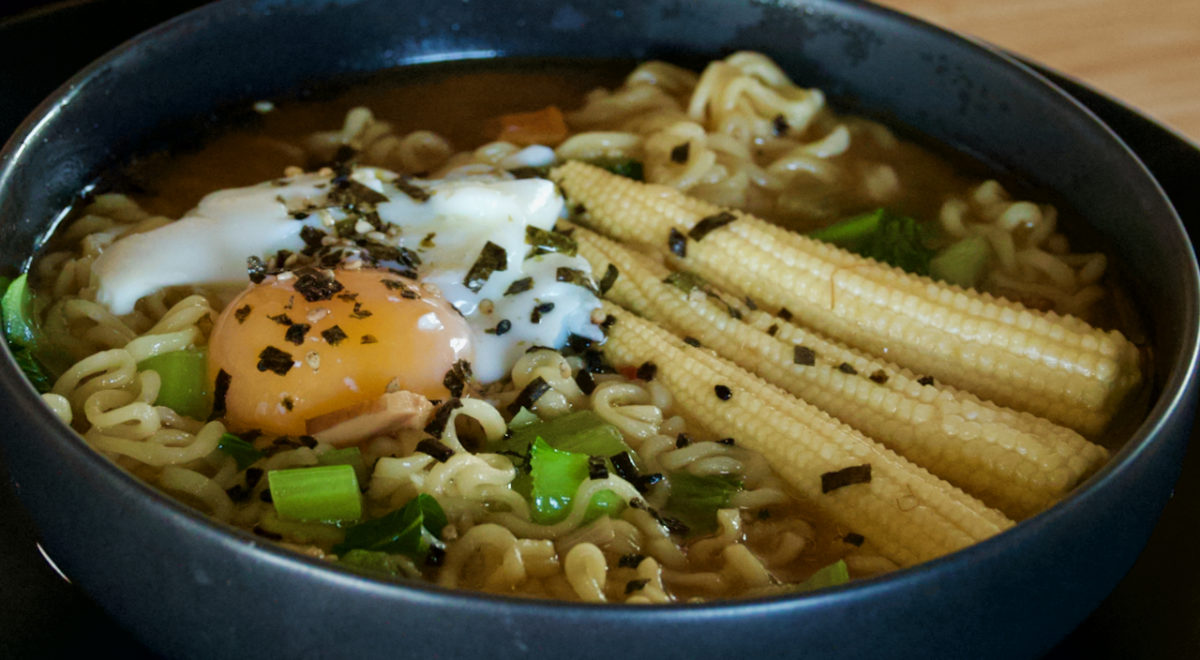 Sep 14: Ramen in Miso Ginger Broth with Bok Choy, Baby Corn and a Jammy Egg