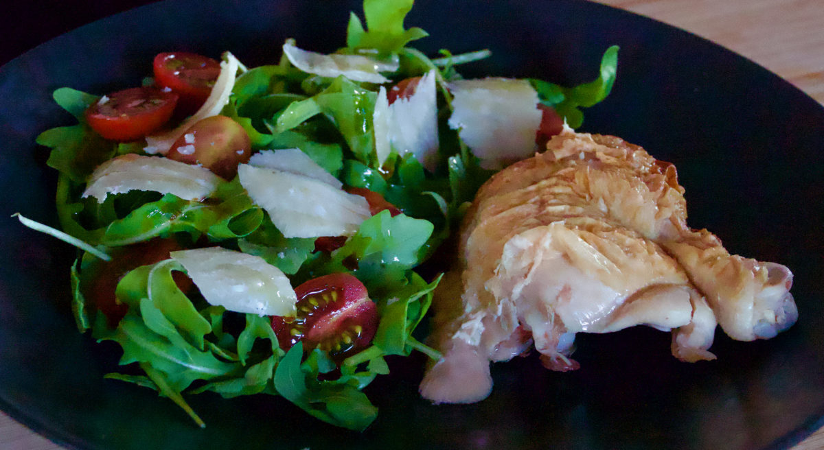 Sep 5: Roast Chicken Leg with an Arugula, Cherry Tomato and Parmesan Salad