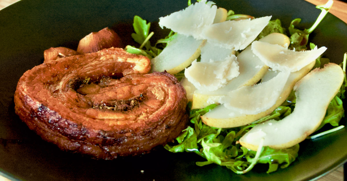 Sep 21: Pork Belly Porchetta with Roast Shallots and an Arugula, Pear and Shaved Parmesan Salad