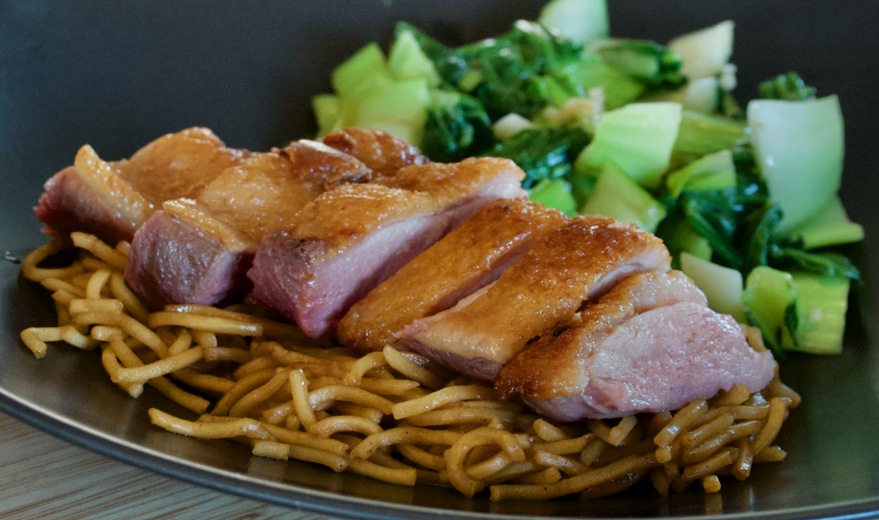 Sep 24 Sous Vide and Seared Duck on Yakisoba Noodles with Garlic Bok