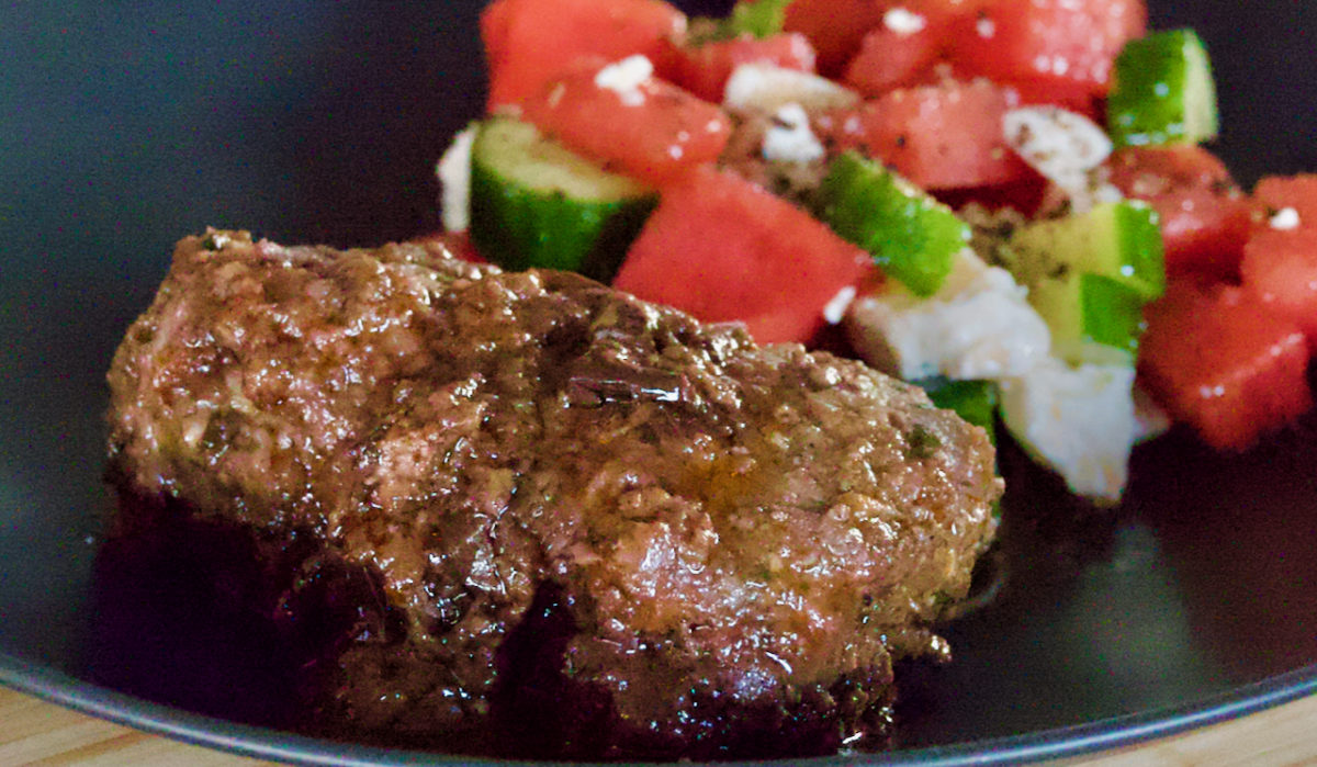 Sep 8: Soutzoukakia with Cucumber, Watermelon, Feta and Mint Salad