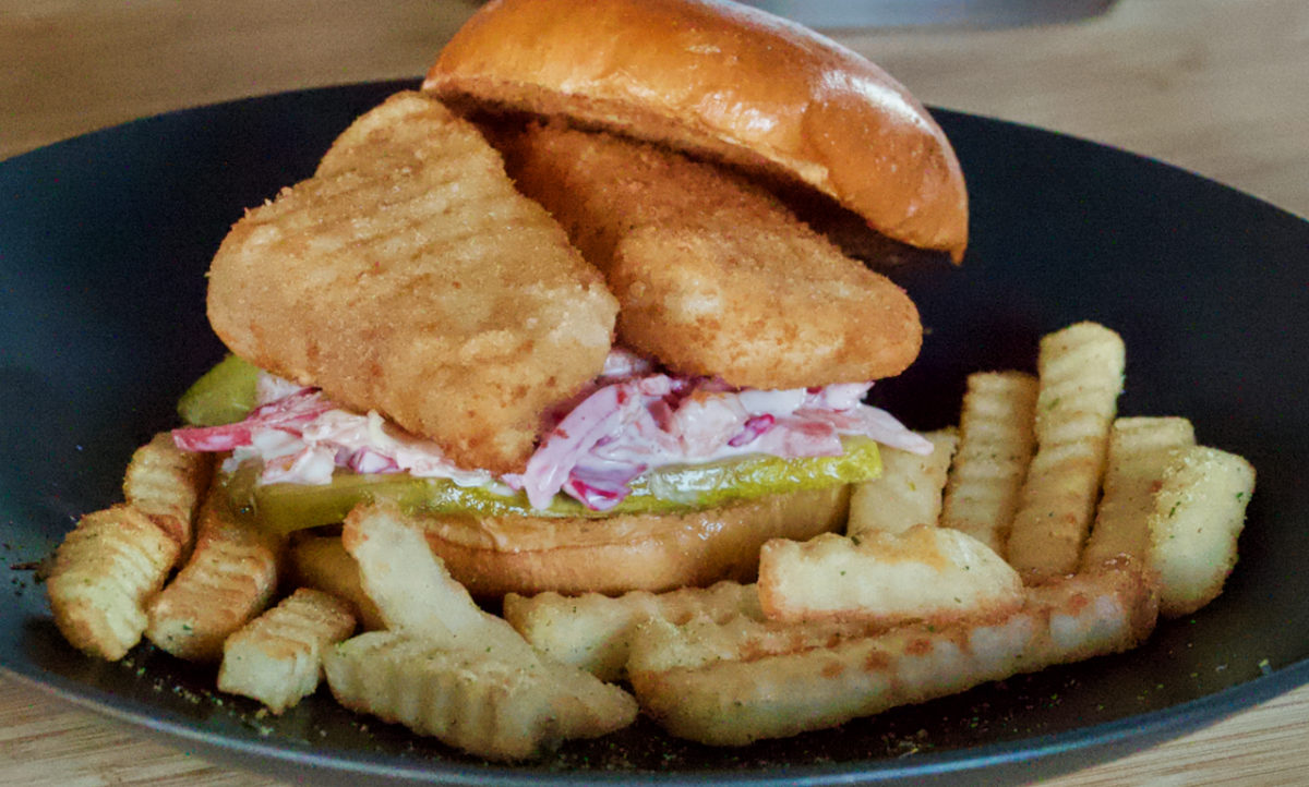 Sep 30: Fried Barramundi Sandwich with Malt Vinegar Slaw and Pickles, served with Fries