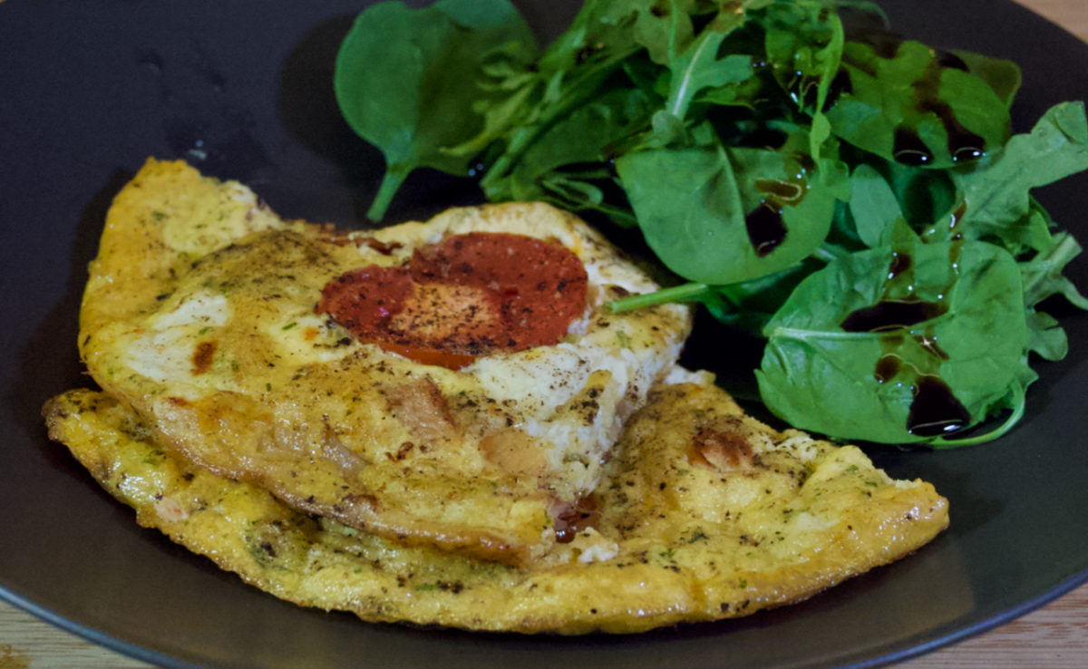 Oct 27: Smoked Trout and Cream Cheese Frittata topped with Tomato Slices