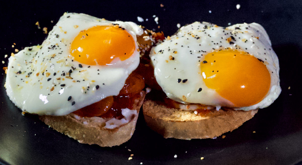 Nov 1: Giant Baked Beans on Garlic Italian Toast topped with Fried Eggs