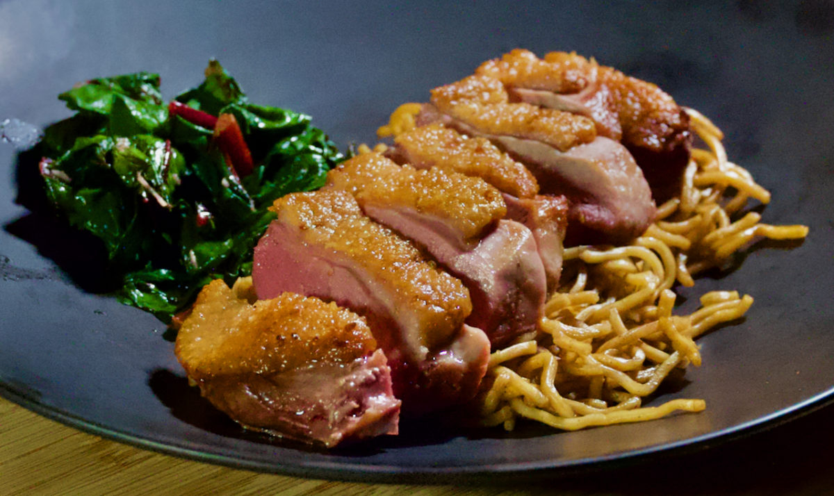 Nov 20: Sous Vide and Seared Duck Breast on Yakisoba Noodles with Garlic Swiss Chard