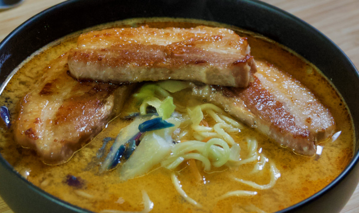 Dec 14: Seared Pork Belly on Spicy Sesame Ramen with Cabbage