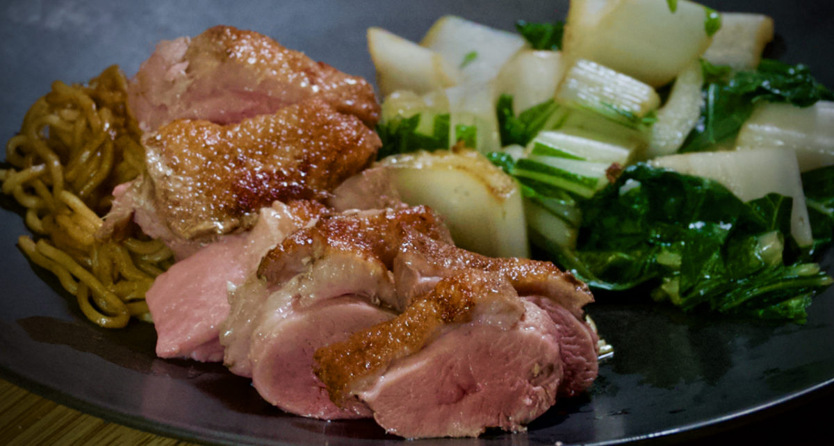 Dec 23: Sous Vide and Seared Roast Duck on Yakisoba Noodles and Stir-fried Bok Choy