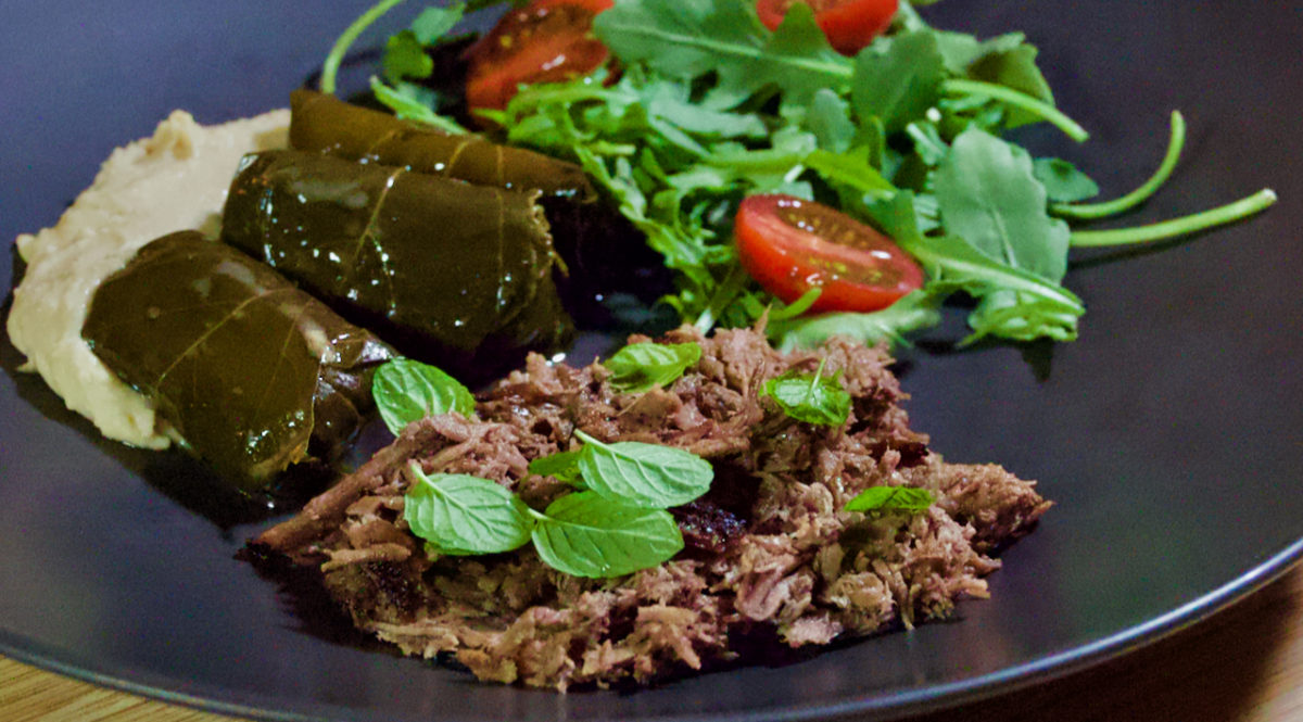Dec 17: Warm Shredded Lamb Salad with Dolmas on Hummus and a Salad